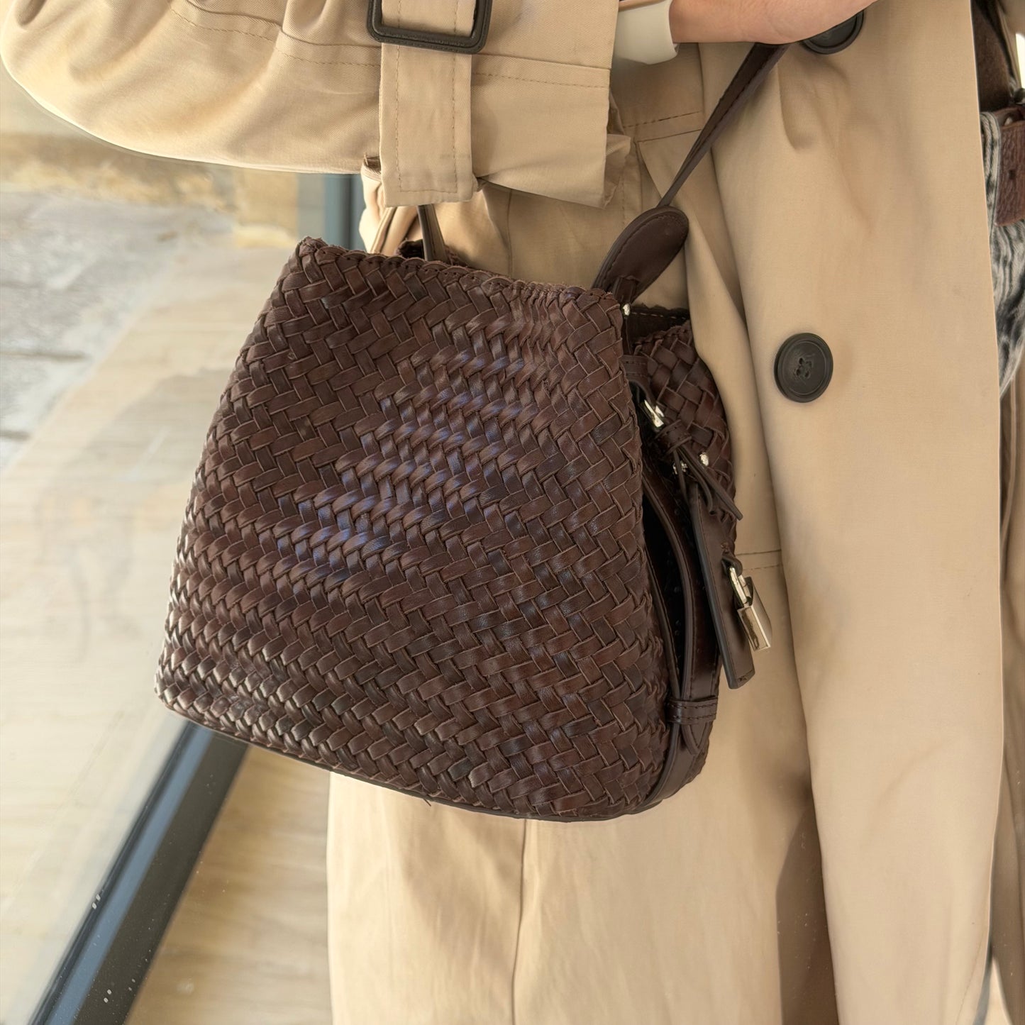 Bolso Bombonera Piel Trenzada Marrón Chocolate