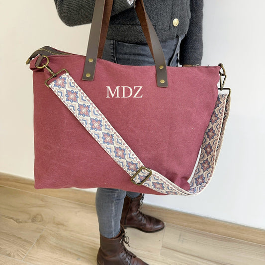 Bolso de Lona Granate y Piel Personalizado con Iniciales