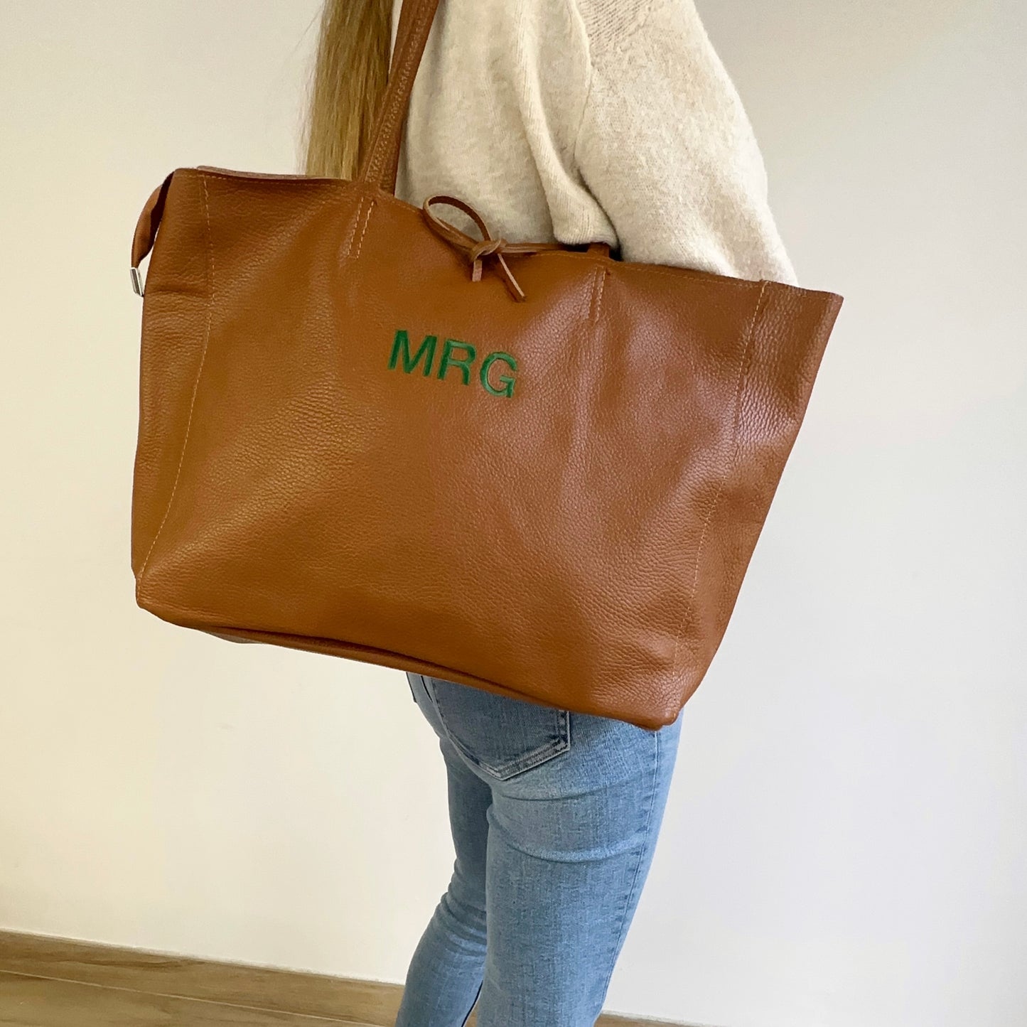 Bolso Shopping Camel de Piel Personalizado con Iniciales