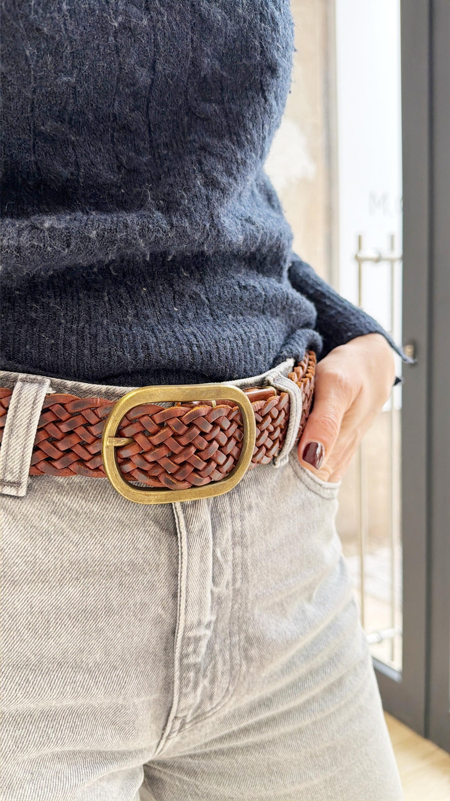 Cinturón de Cuero Trenzado Marrón con Hebilla Dodada