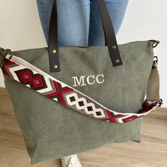 Bolso de Lona Verde Caqui y Piel Personalizado con Iniciales