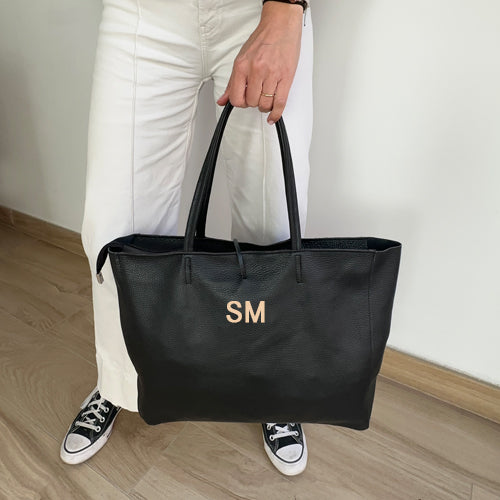 Bolso Shopping Negro de Piel Personalizado con Iniciales