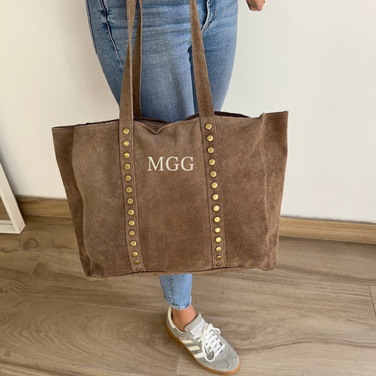 Bolso Shopping Serraje Topo y Tachuelas Personalizado con Iniciales