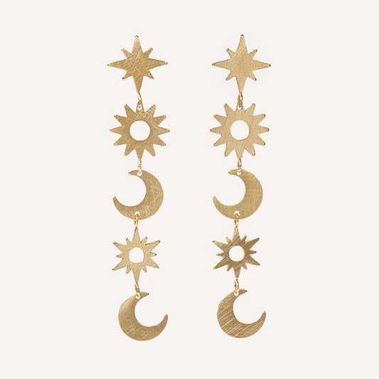 Pendientes Largos Luna Sol Estrella Destello con Baño de Oro