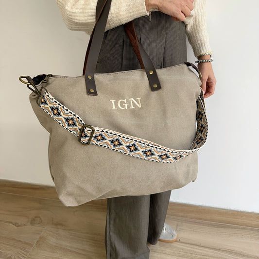 Bolso de Lona color Piedra y Piel Personalizado con Iniciales
