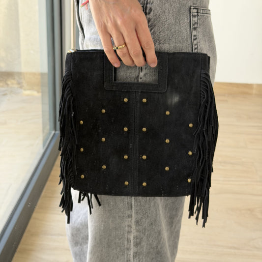 Bolso Cuadrado Serraje Negro con Flecos y Tachuelas