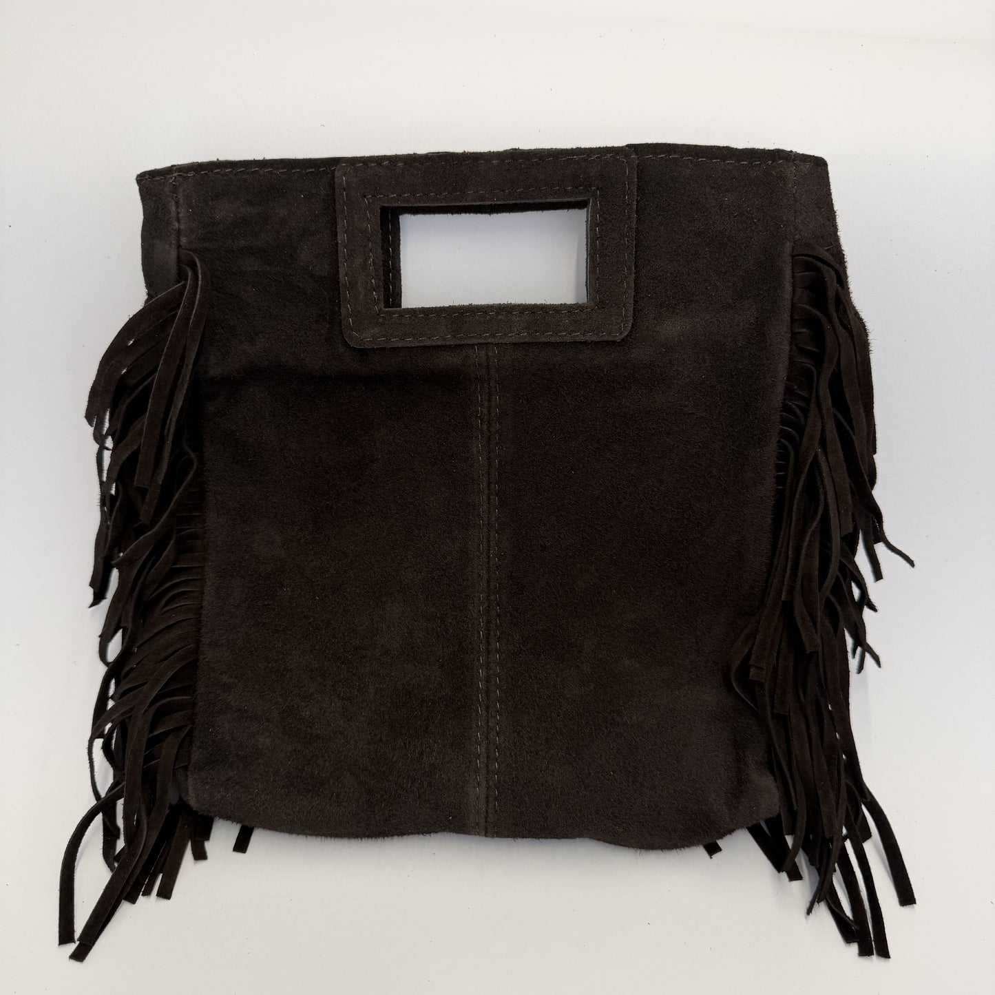 Bolso Cuadrado Serraje Marrón Oscuro con Flecos