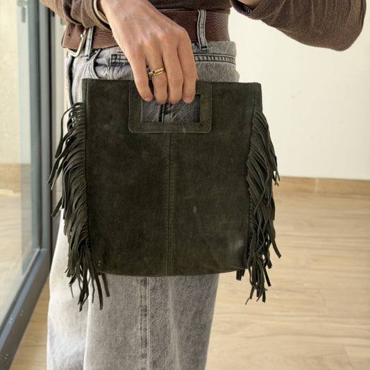 Bolso Cuadrado Serraje Verde Oscuro con Flecos