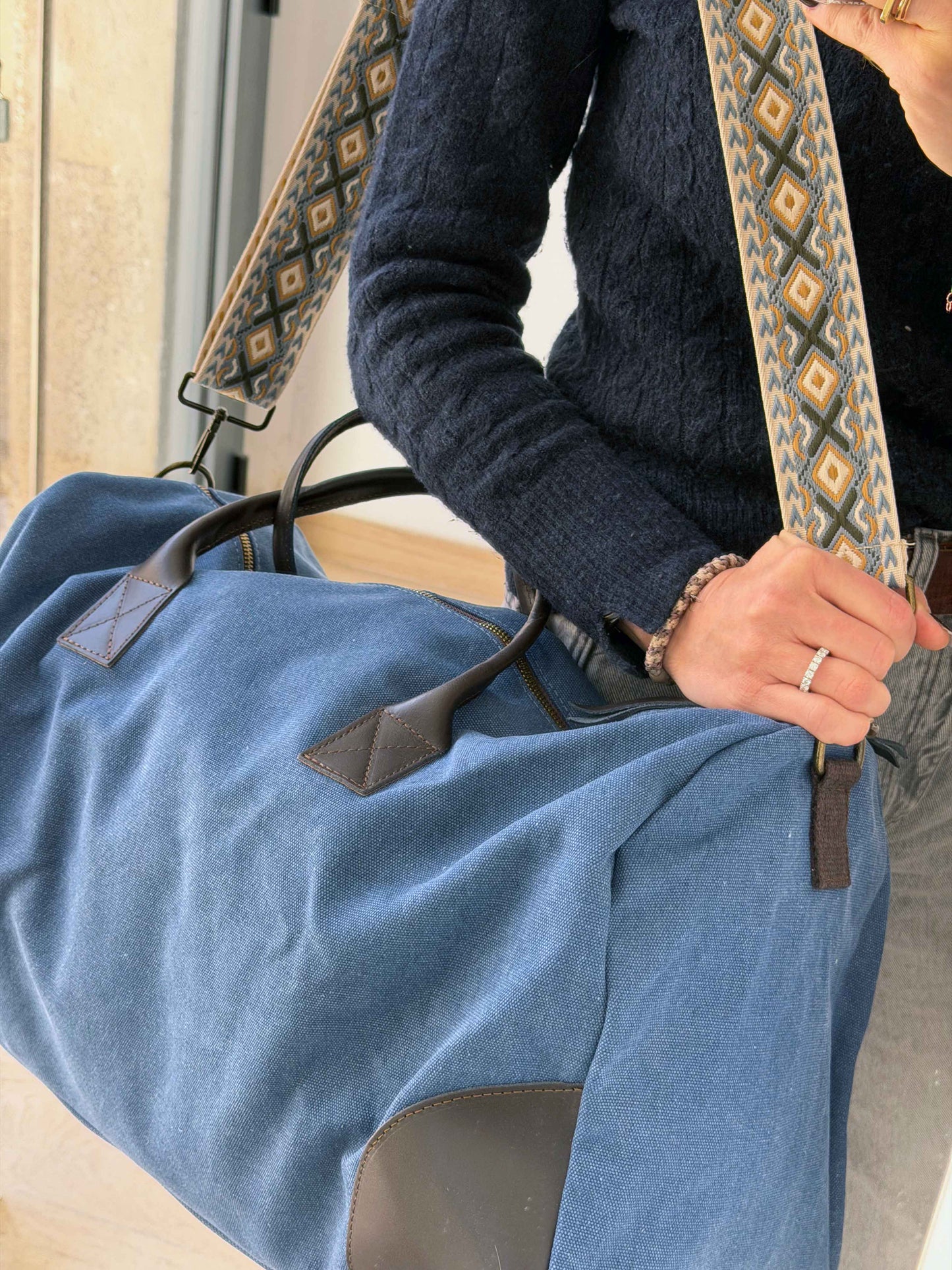 Bolsa de Fin de Semana Weekend Bag de Lona Azul y Piel