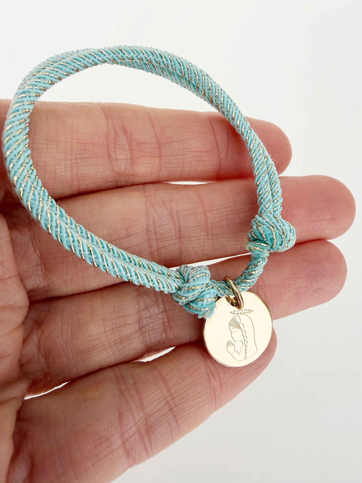 Pulsera Virgen niña con cordón fantasía Verde Agua para Niña