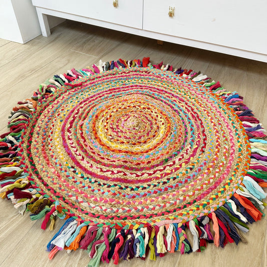 Alfombra redonda de yute y tela trenzada de colores de 1 metro