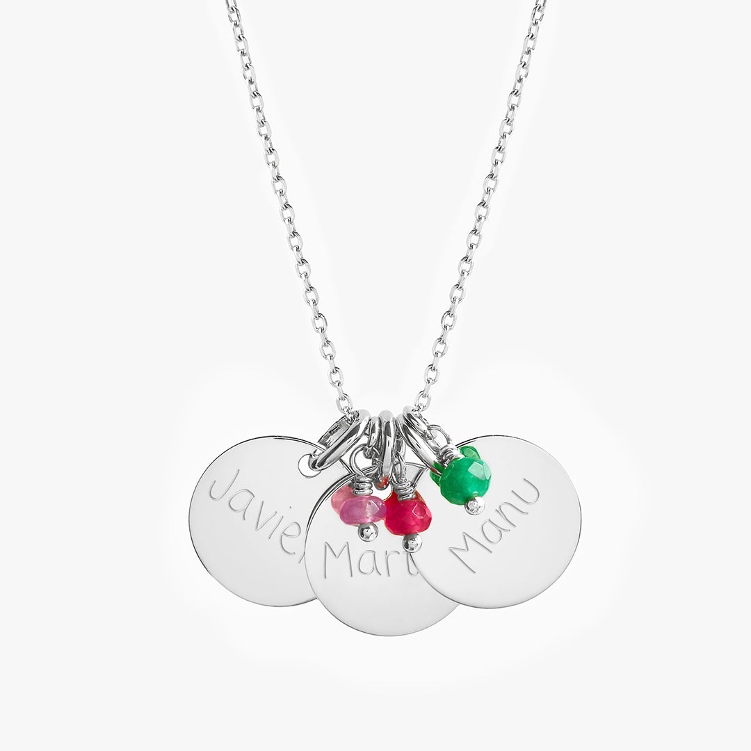 Collar Personalizado con 3 Medallas Medianas de Plata grabadas y Piedras