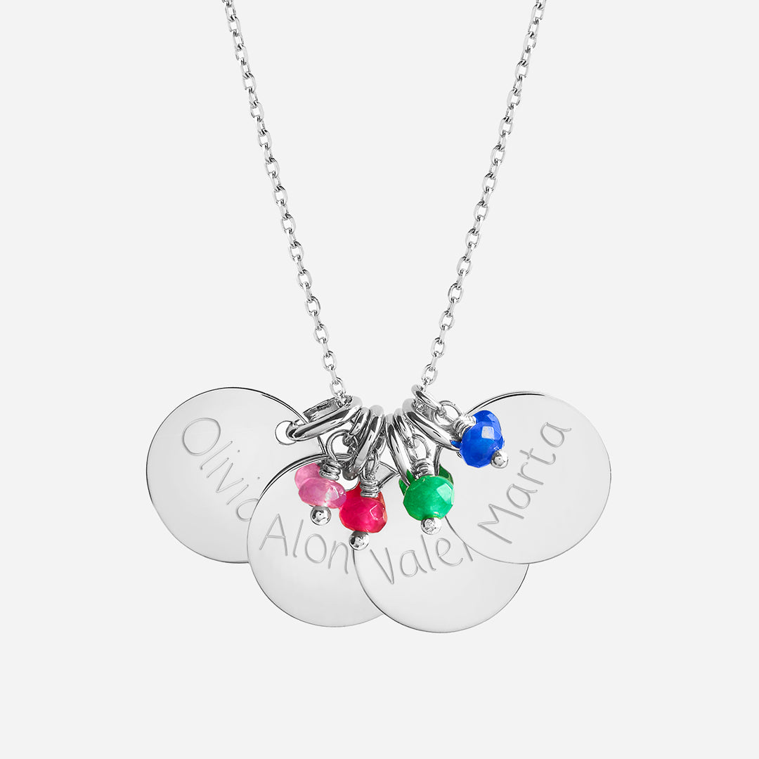 Collar Personalizado con 4 Medallas Medianas de Plata grabadas y Piedra