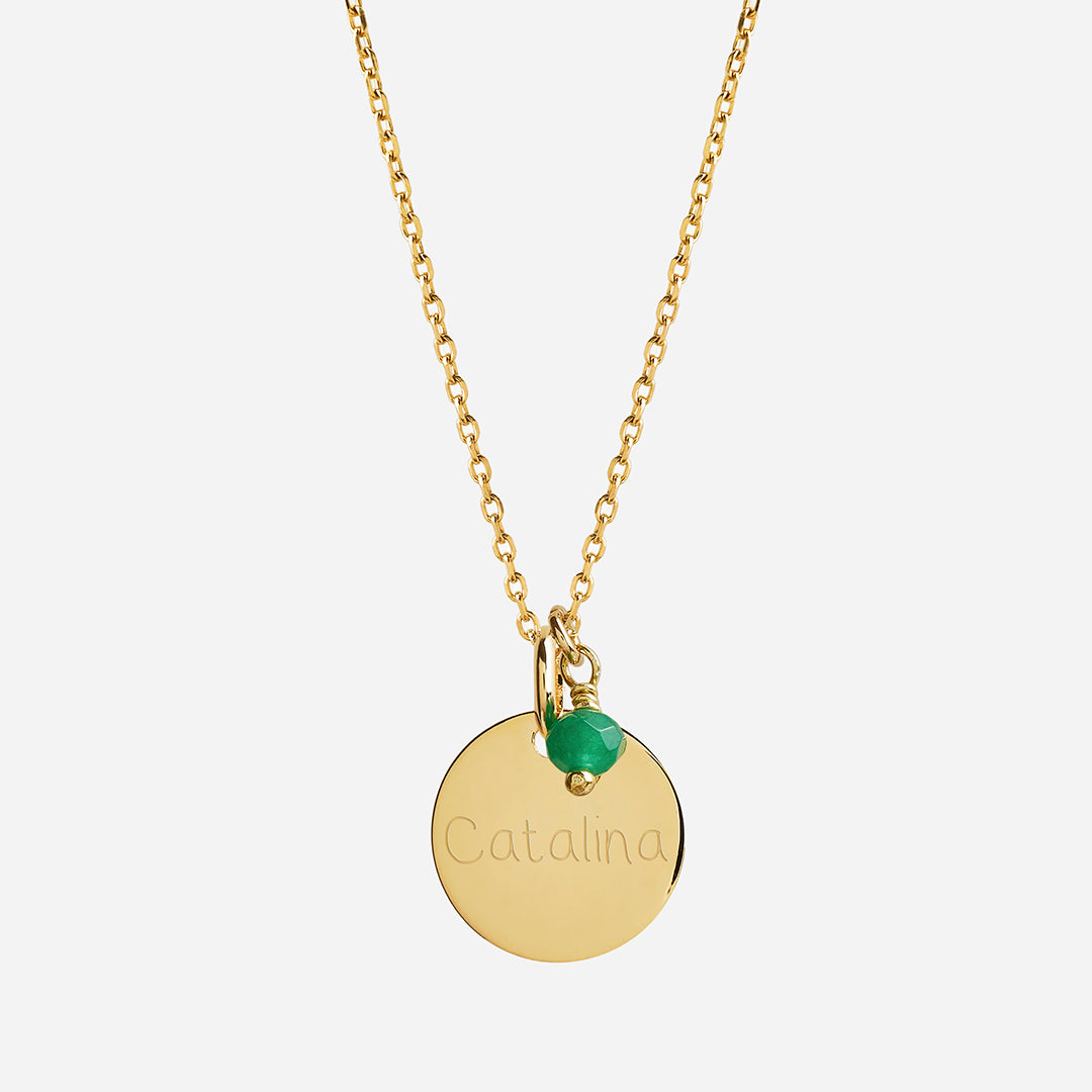 Collar Personalizado con Medalla Mediana con baño de Oro grabada y Piedra