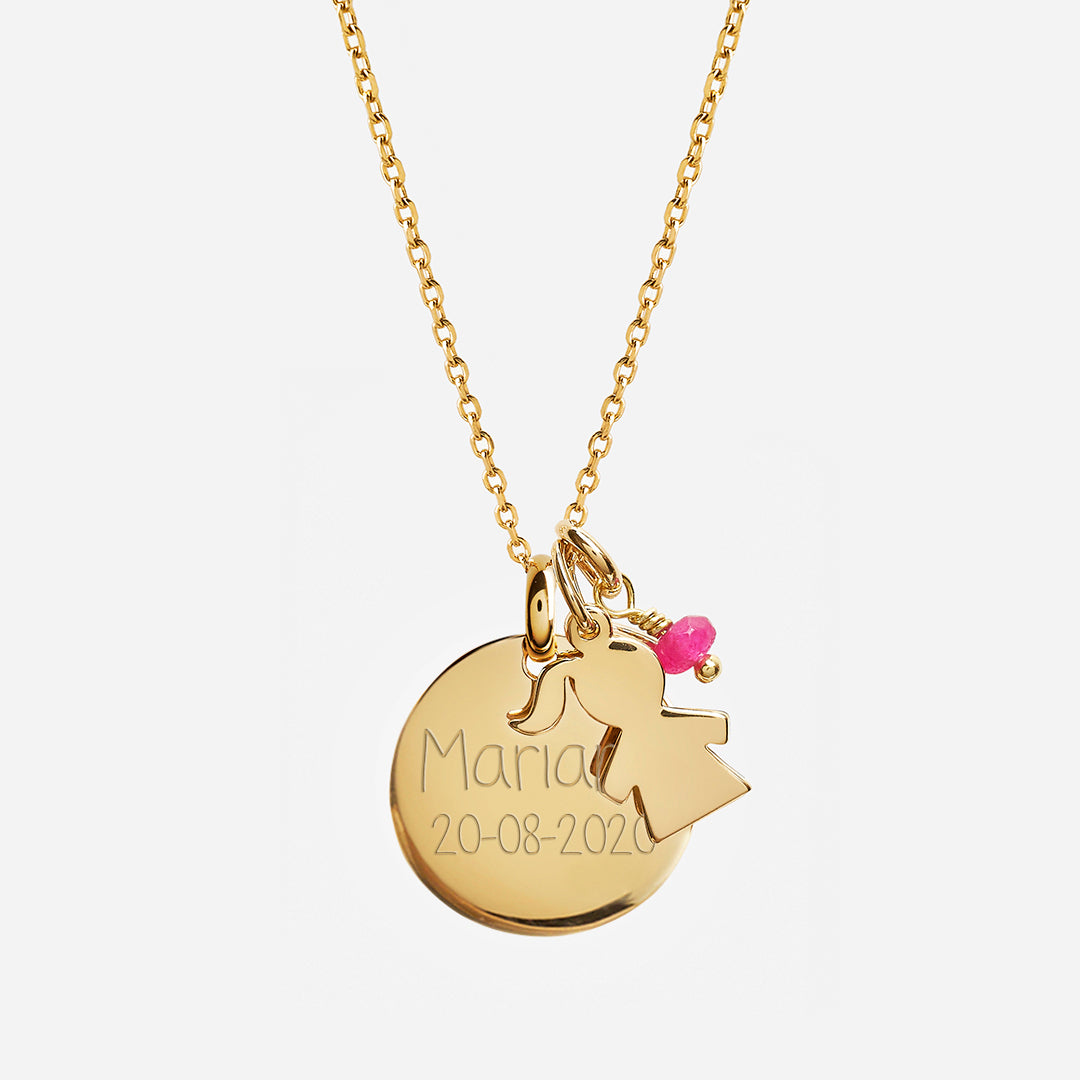 Collar Personalizado con Medalla grande grabada y Medalla Niña con baño de Oro Y Piedra
