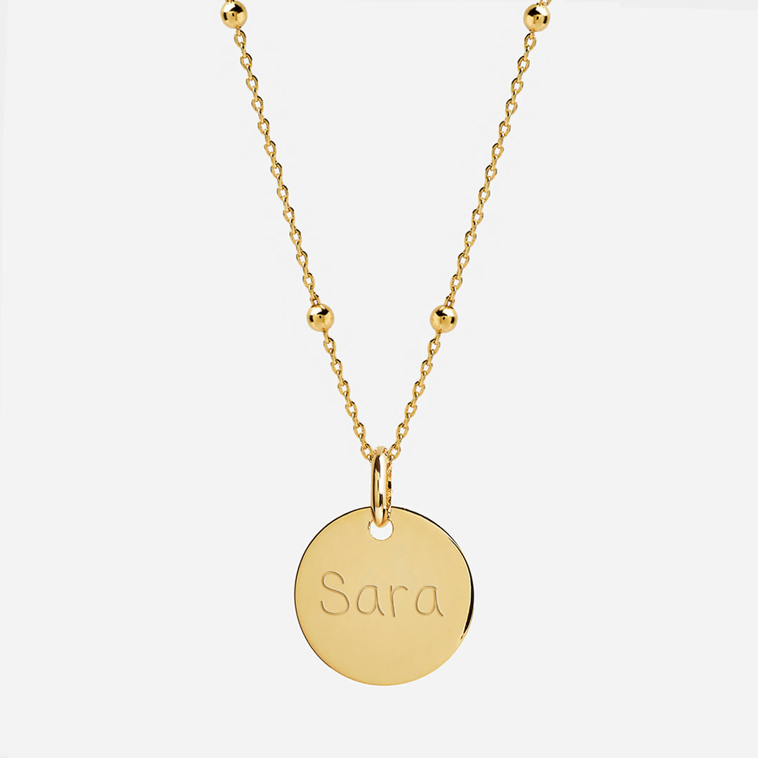 Collar Personalizado con Medalla Mediana con Baño de Oro Grabada Y Cadena de Bolitas
