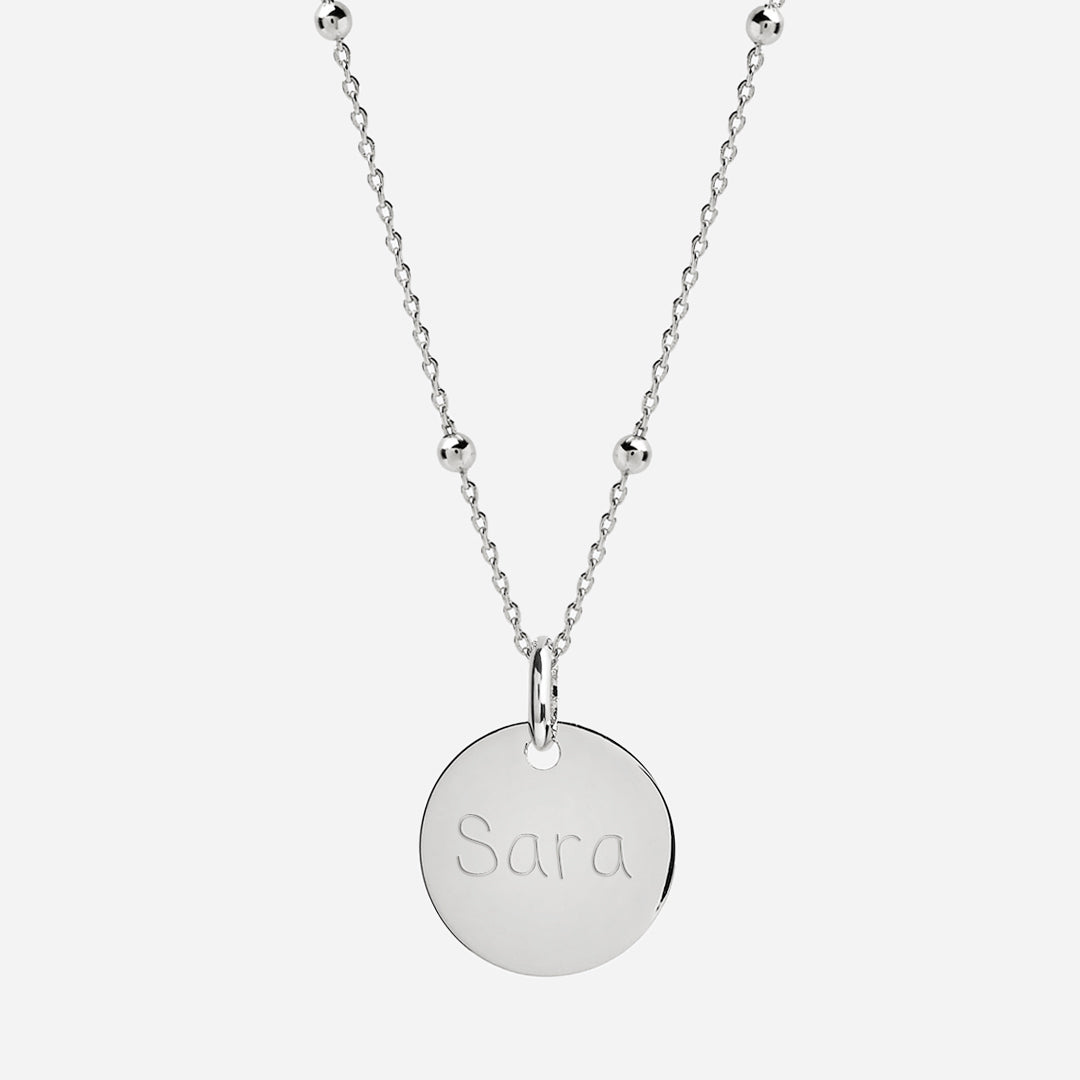 Collar Personalizado con Medalla Mediana de Plata Grabada Y Cadena de Bolitas