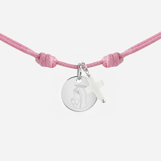 Collar Cordón con Medalla de Plata con Virgen Niña y Cruz de Nácar personalizable