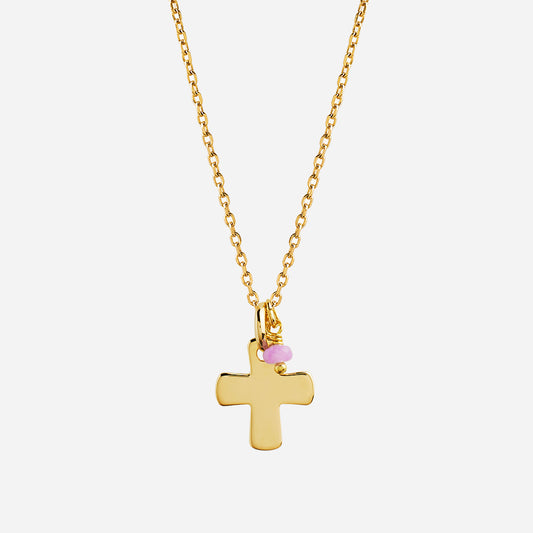 Collar con Cruz con Baño de Oro y piedra de color personalizable