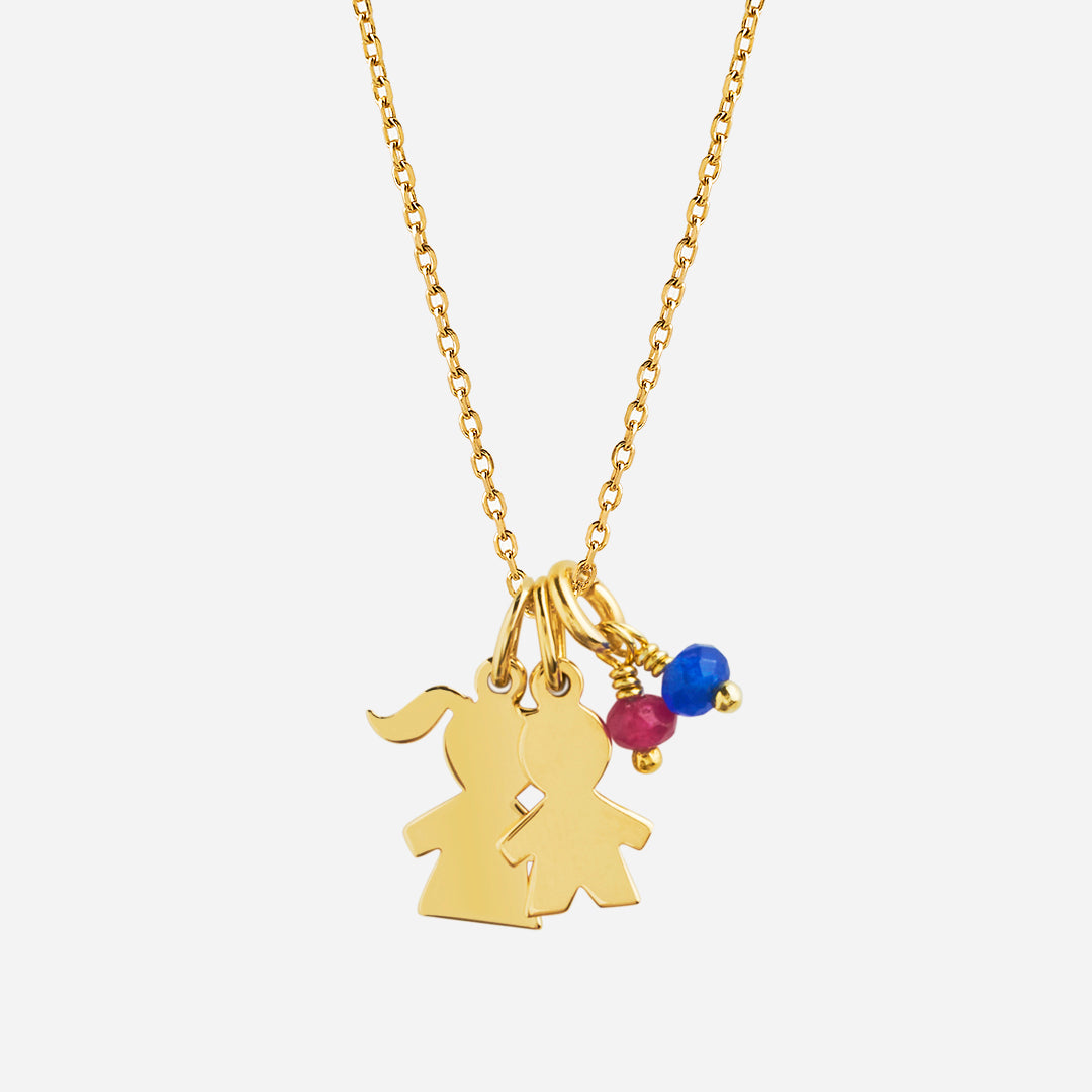 Collar con Colgante Niña y Niño con Baño de Oro Y Piedra