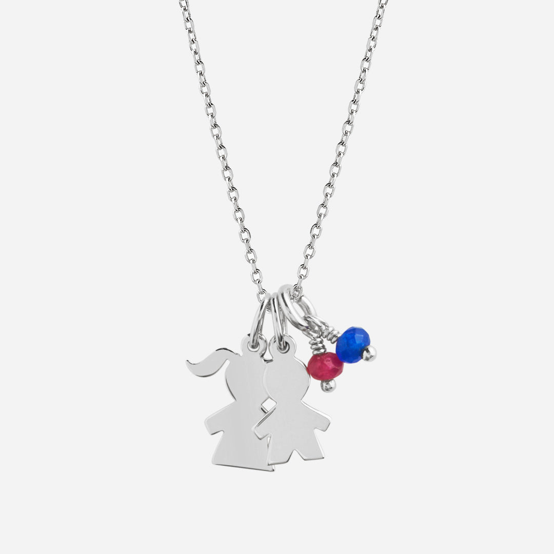 Collar con Colgante Niña y Niño de Plata Y Piedra