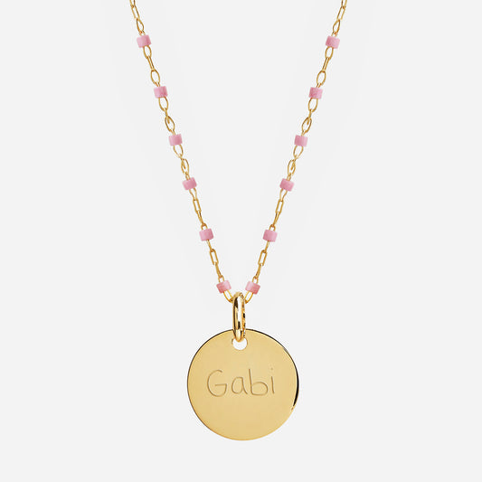 Collar Personalizado con Medalla Mediana y Cadena de Bolitas Rosas con Baño de Oro