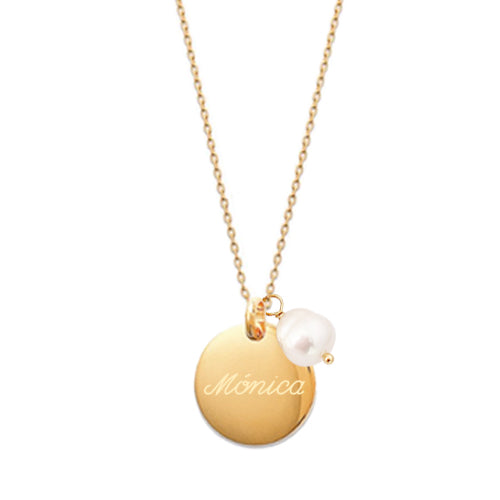 Collar Personalizado con Medalla grande con baño de Oro grabada y Perla