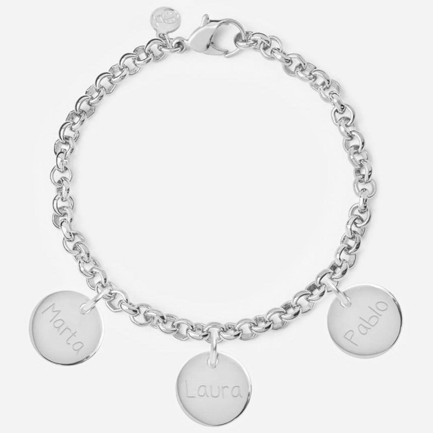 Pulsera Personalizada con Cadena Rolo de Plata con tres medallas