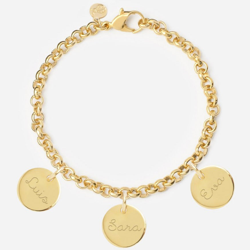 Pulsera Personalizada con Cadena Rolo con Baño de oro y tres medallas