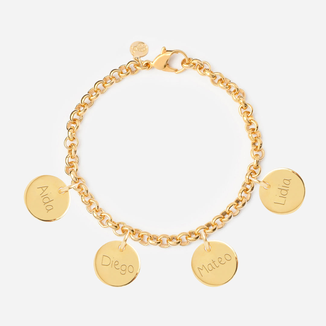 Pulsera Personalizada con Cadena Rolo con Baño de oro y cuatro medallas