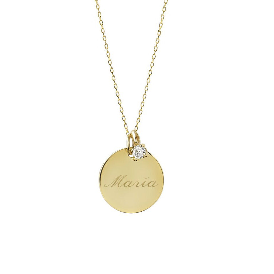 Collar de oro con nombre, Collar Personalizado de Oro con Grabado en Medalla Grande Y Circonita
