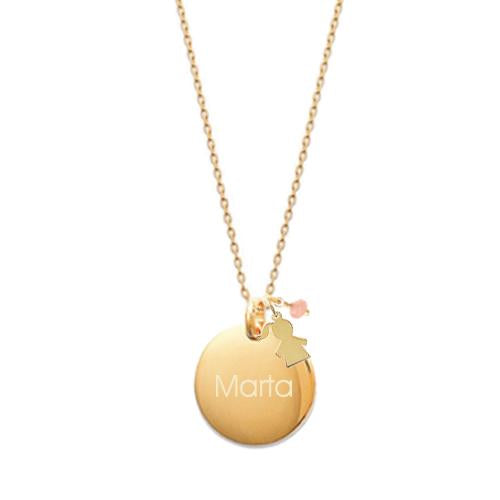 Collar Personalizado con Medalla grande grabada y Medalla Niña con baño de Oro Y Piedra