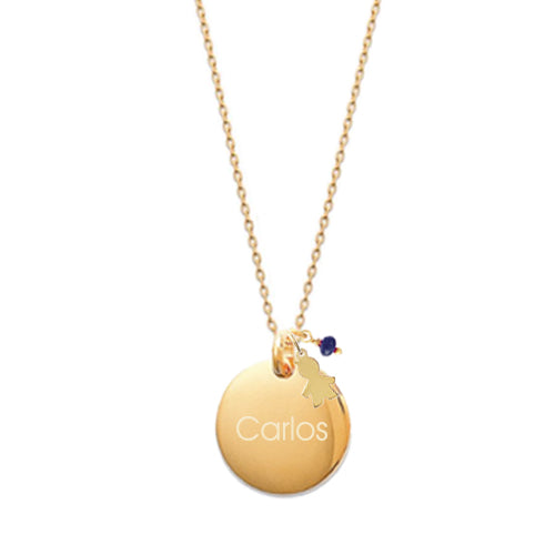 Collar Personalizado con Medalla grande grabada y Medalla Niño con baño de Oro Y Piedra