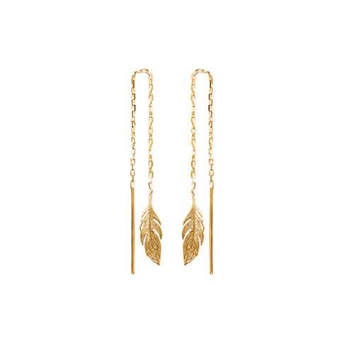 Pendientes Cadena y Pluma con Baño de Oro