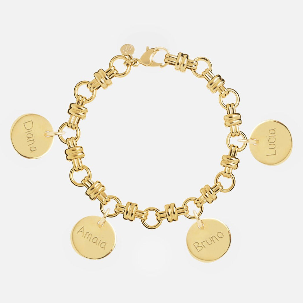 Pulsera Personalizada con Cadena de Eslabón Combinado con Baño de oro y cuatro medallas