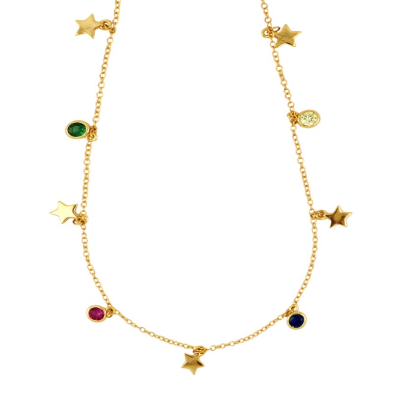 Collar de Plata con baño de Oro con Circonitas Y Estrellas Colgantes