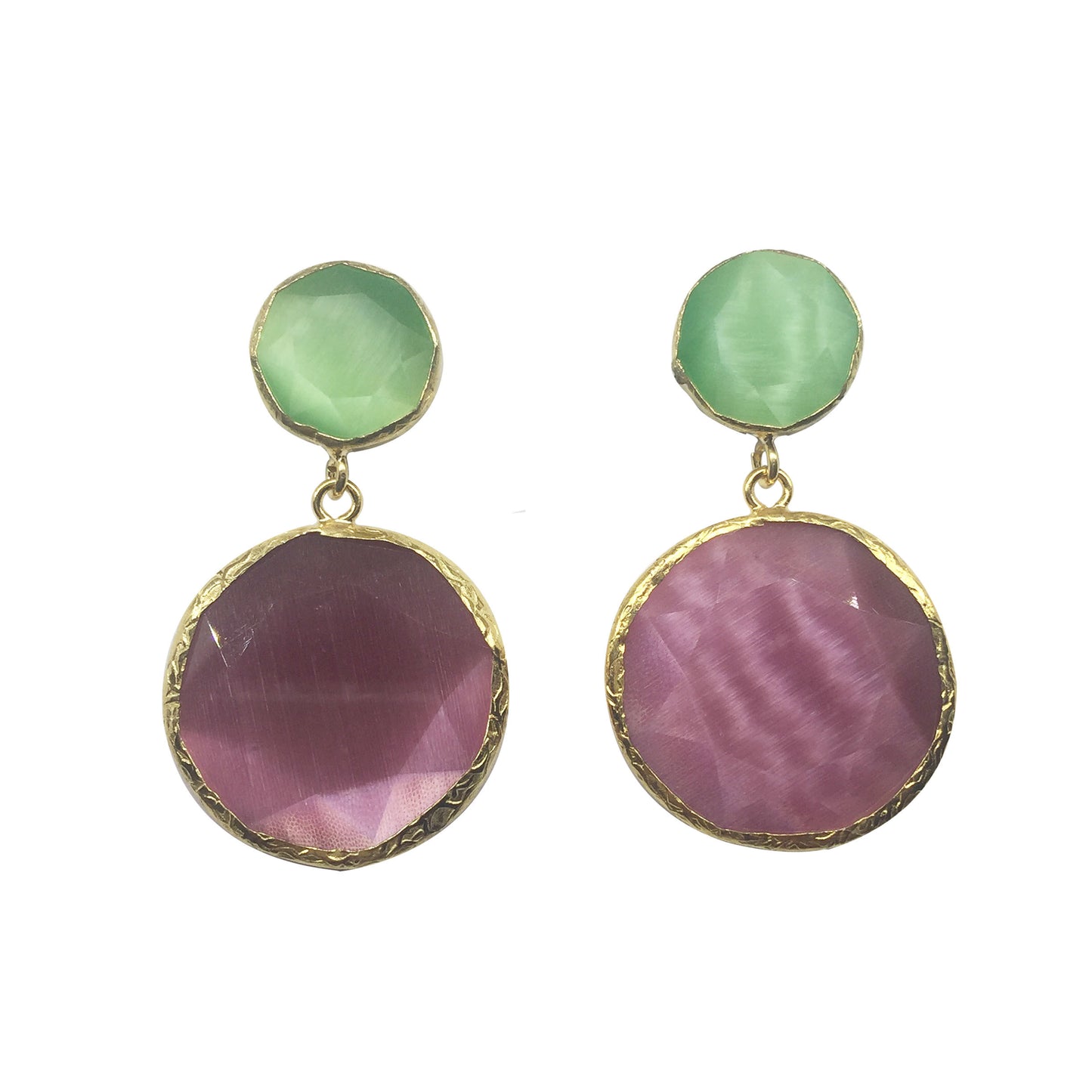 Pendientes de dos Piedras Circulares Verde y Rosa