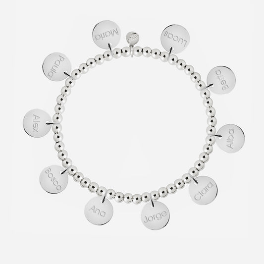 Pulsera Personalizada con Bolitas de Plata con diez medallas pequeñas