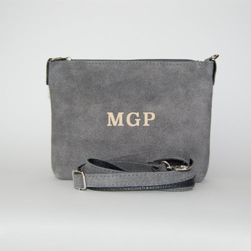 Bolso Personalizado con Iniciales Clutch Serraje Gris con Bandolera