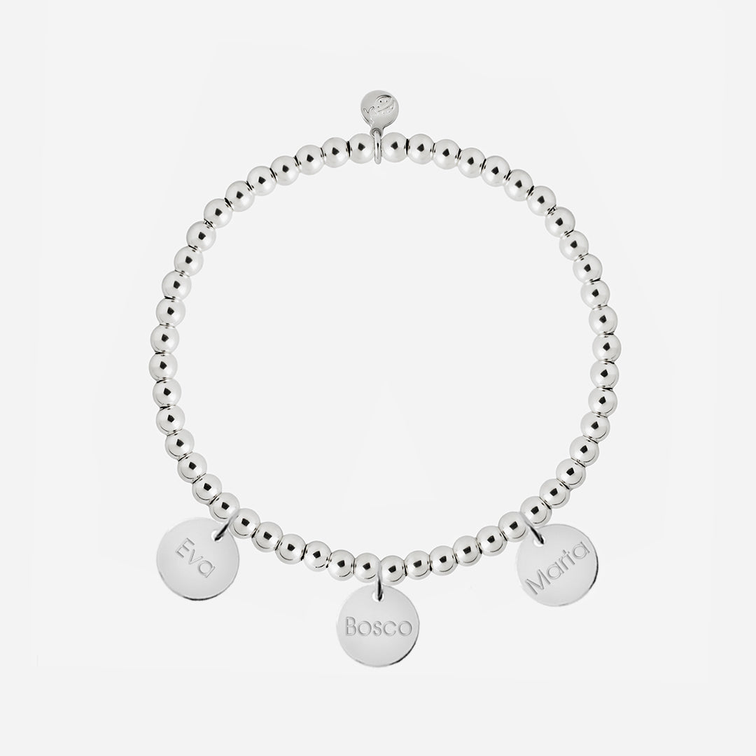 Pulsera Personalizada con Bolitas de Plata con tres medallas pequeñas