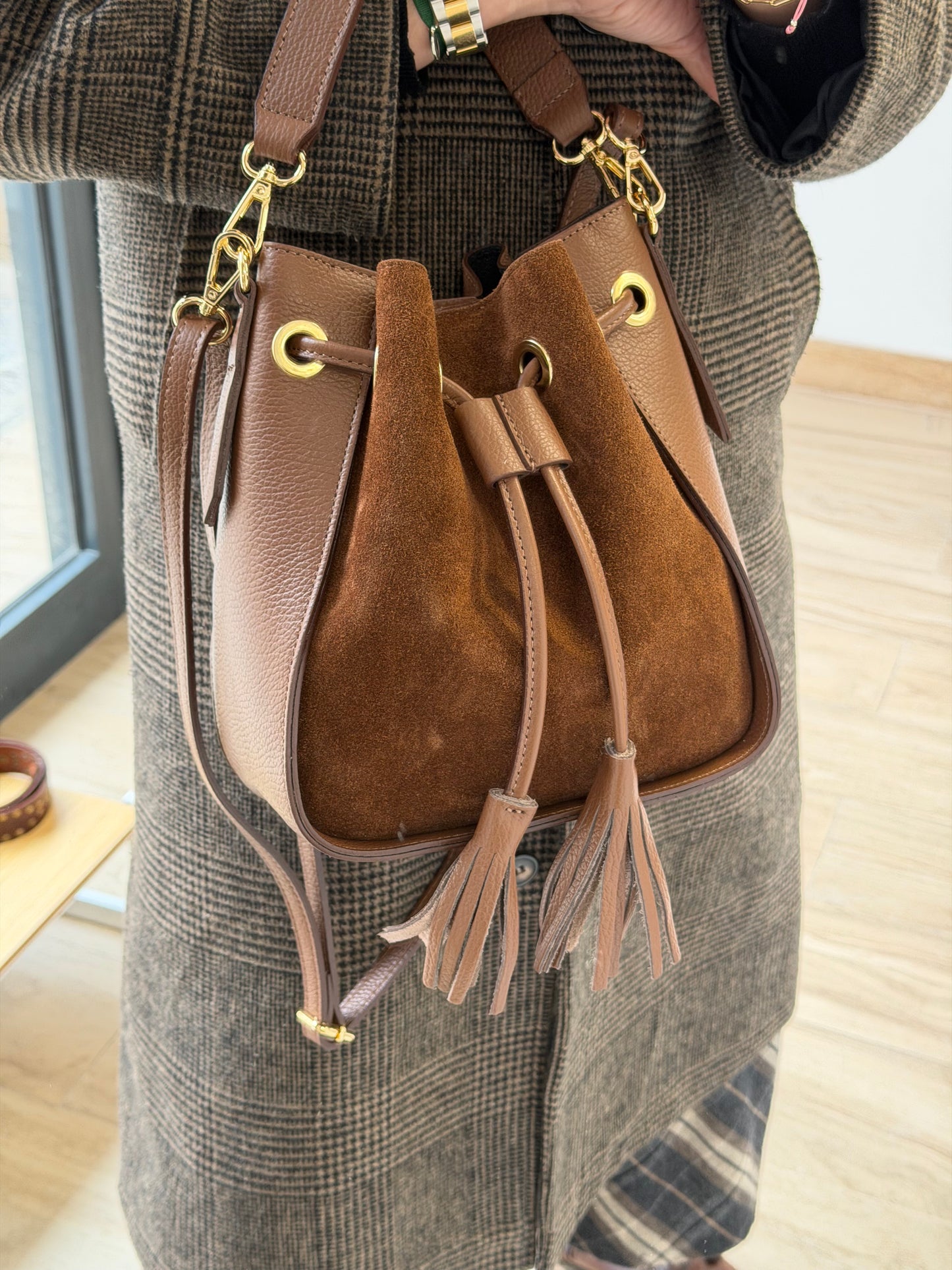 Bolso Bombonera Pequeña Piel y Ante Marrón Chocolate