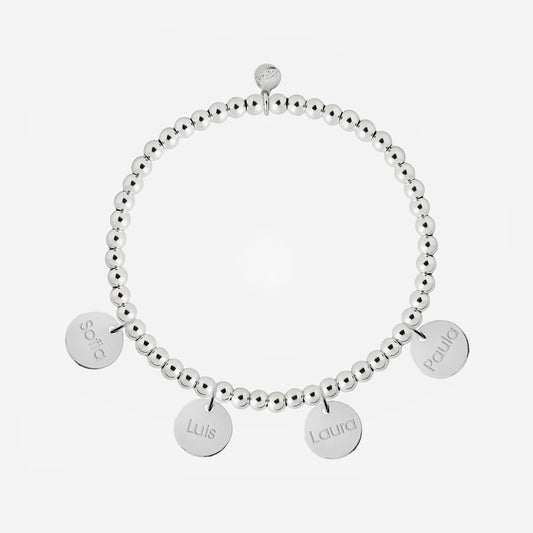 Pulsera Personalizada con Bolitas de Plata con cuatro medallas pequeñas