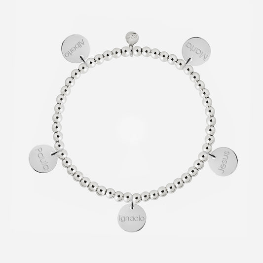 Pulsera Personalizada con Bolitas de Plata con cinco medallas pequeñas