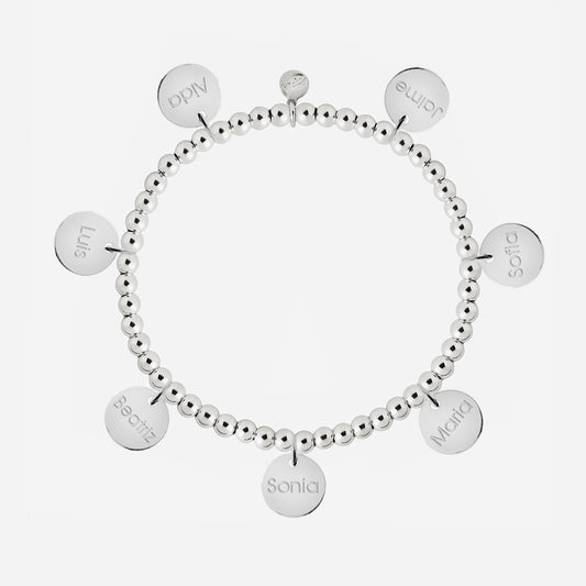 Pulsera Personalizada con Bolitas de Plata con siete medallas pequeñas