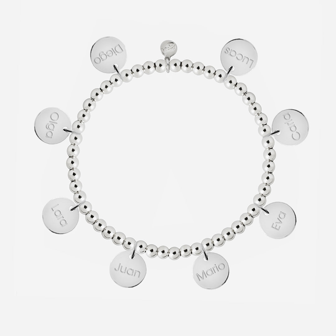 Pulsera Personalizada con Bolitas de Plata con ocho medallas pequeñas
