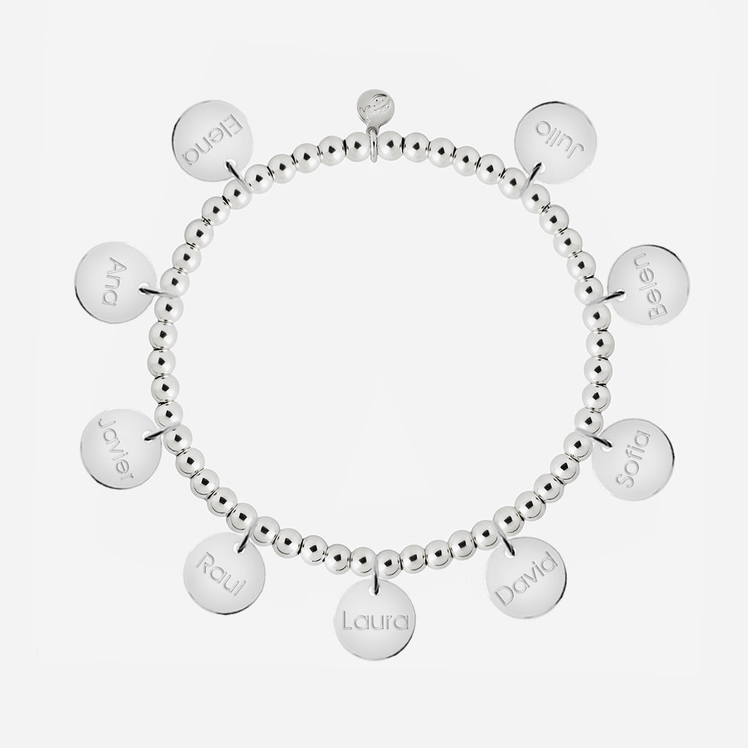 Pulsera Personalizada con Bolitas de Plata con nueve medallas pequeñas