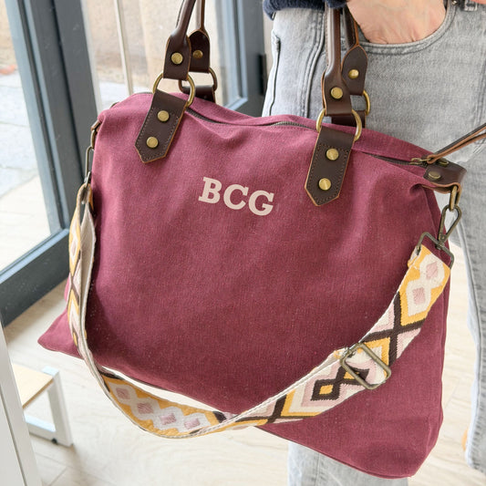Bolso Burdeos de Lona y Piel Personalizado con Iniciales