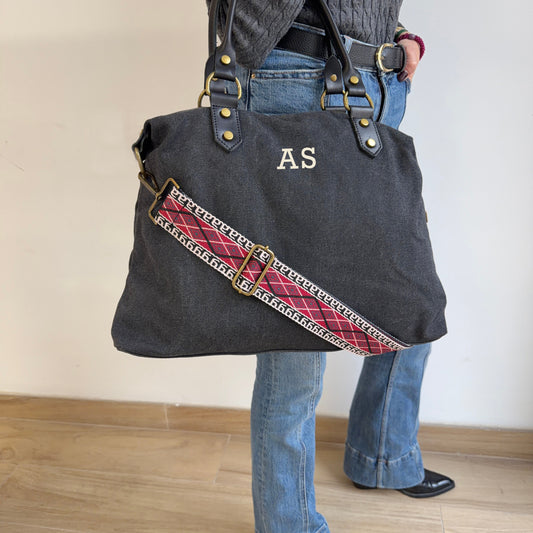 Bolso Negro de Lona y Piel Personalizado con Iniciales
