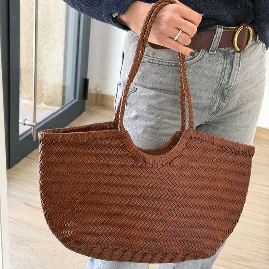 Bolso Capazo Camel de Piel Trenzada