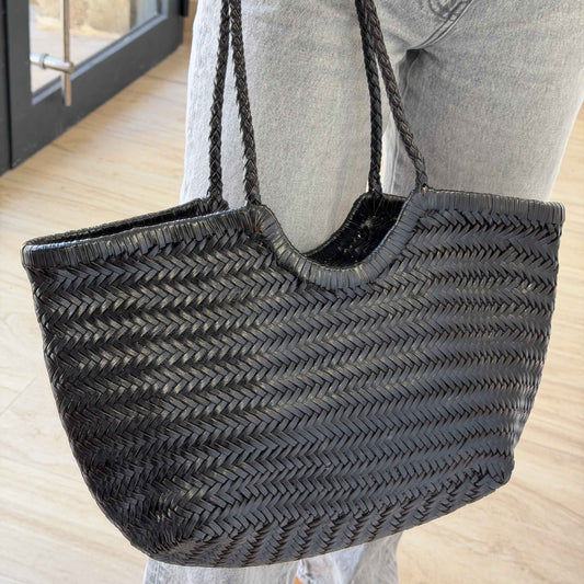 Bolso Capazo Negro de Piel Trenzada